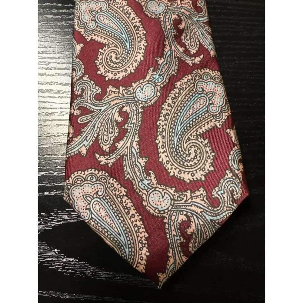 CUSTOM MADE IN ITALY 100% SILK TIE MAROON, TEAL, AND GOLD